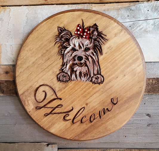 Yorkshire Terrier Wood Welcome Sign - Light Stain