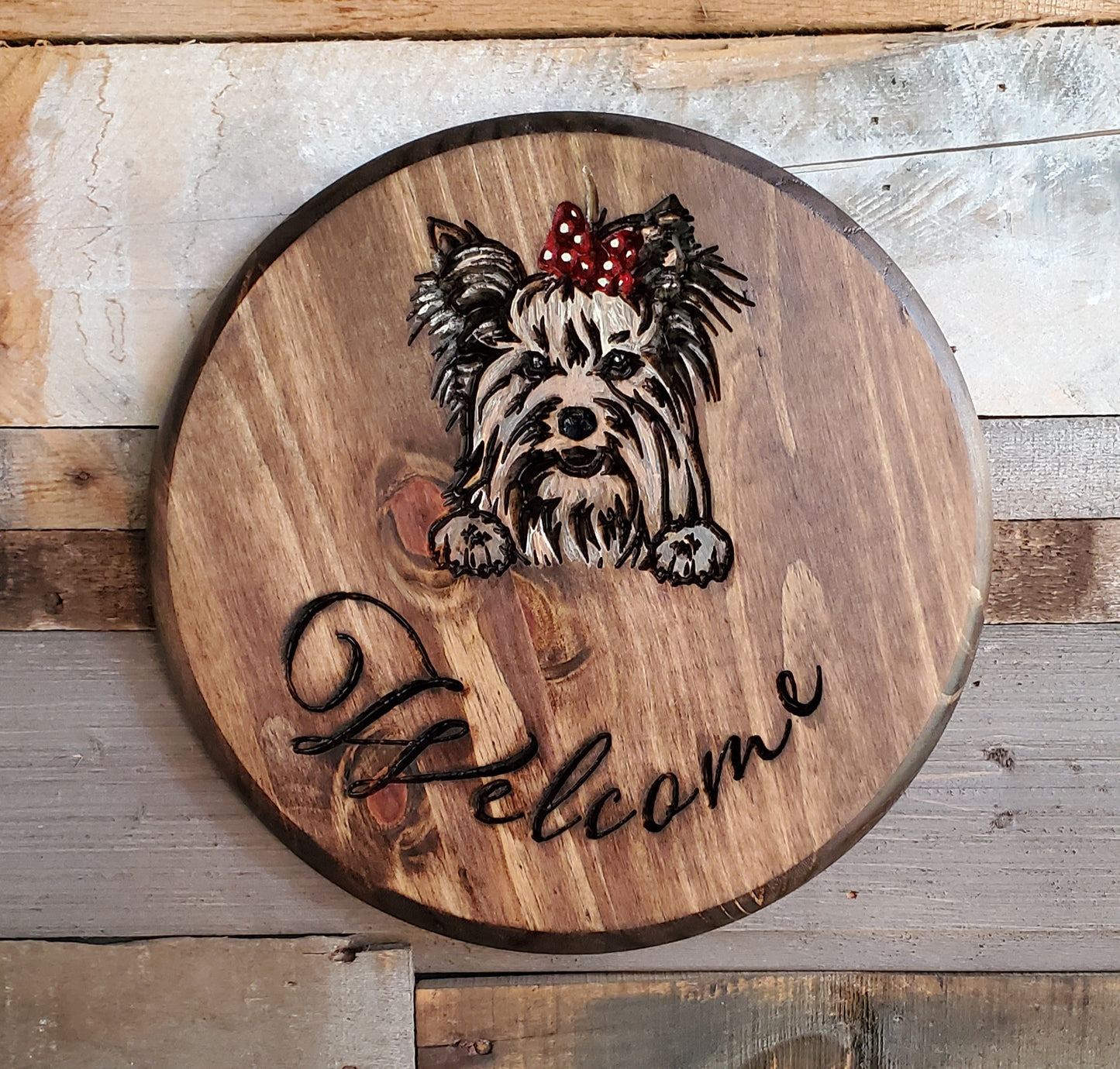 Yorkshire Terrier Wood Welcome Sign - Dark Stain