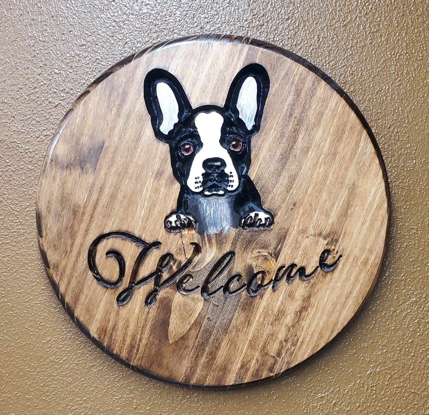 Boston Terrier Wood Welcome Sign