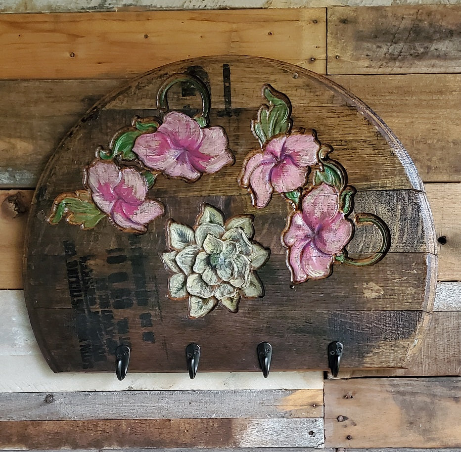 Petunia Floral Bloom Whiskey Barrel Lid 3d Engraved Key/Coat Rack