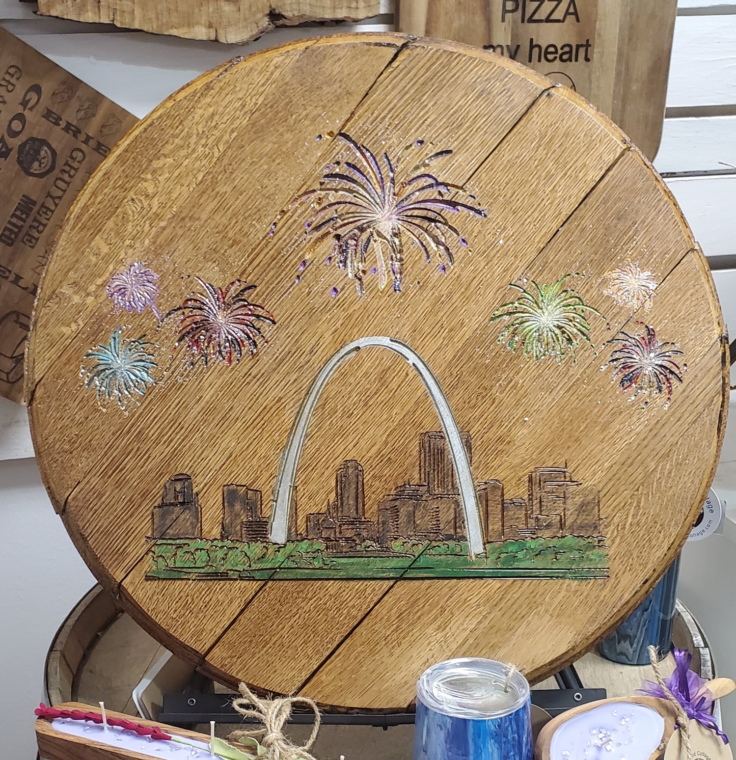 St Louis Arch Fireworks 'The Lou' Engraved Whiskey Barrel Lid