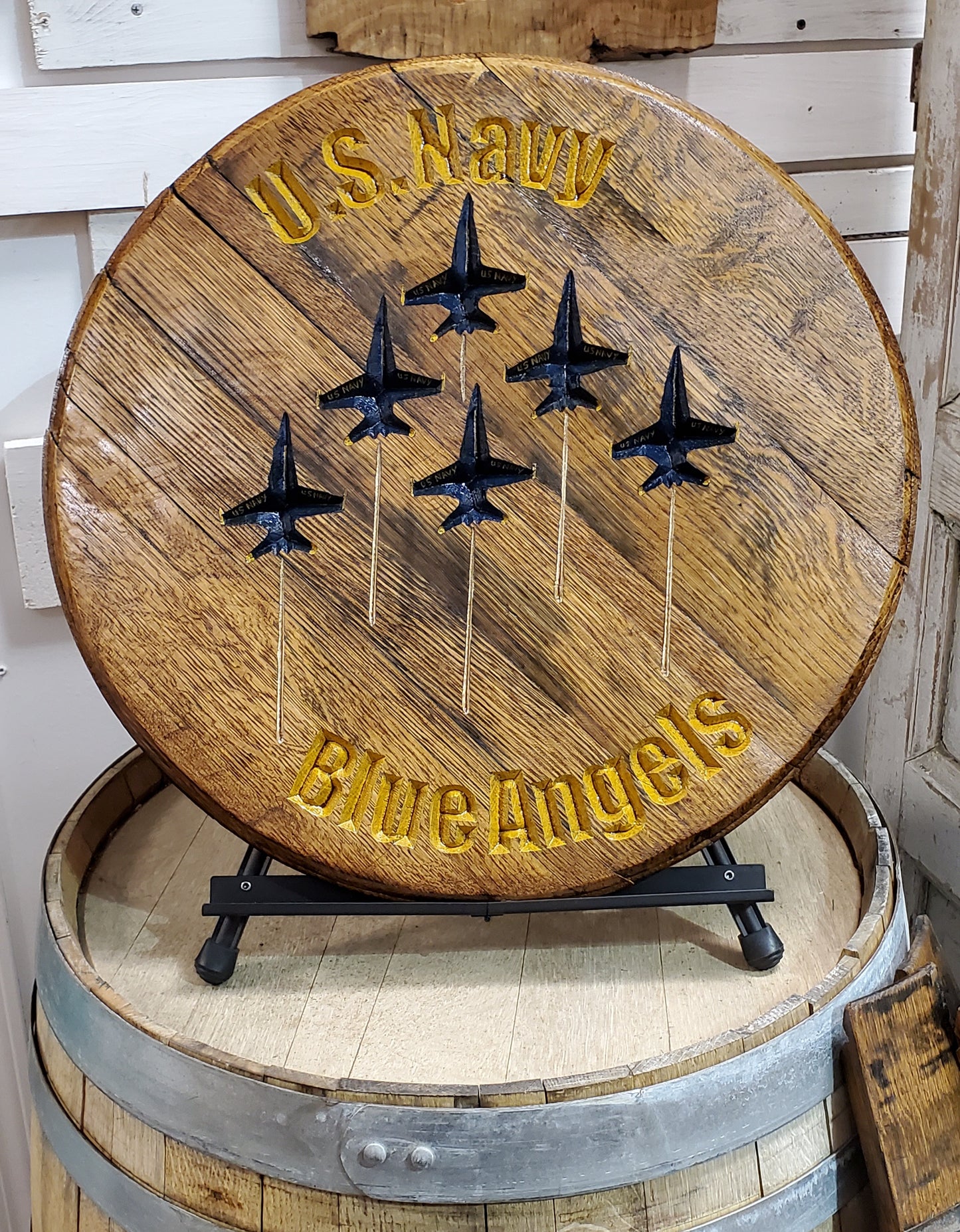 US Navy Blue Angels Engraved Whiskey Barrel Lid