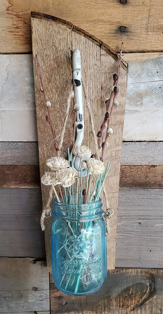Rustic Farmhouse Whiskey Barrel Blue Glass Flower Wall Sconce