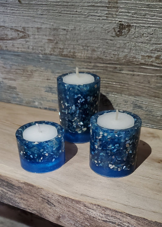 Three Pillar Blue Crystal Votive Candle Holders