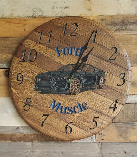 Mustang Muscle Engraved Whiskey Barrel Lid Clock