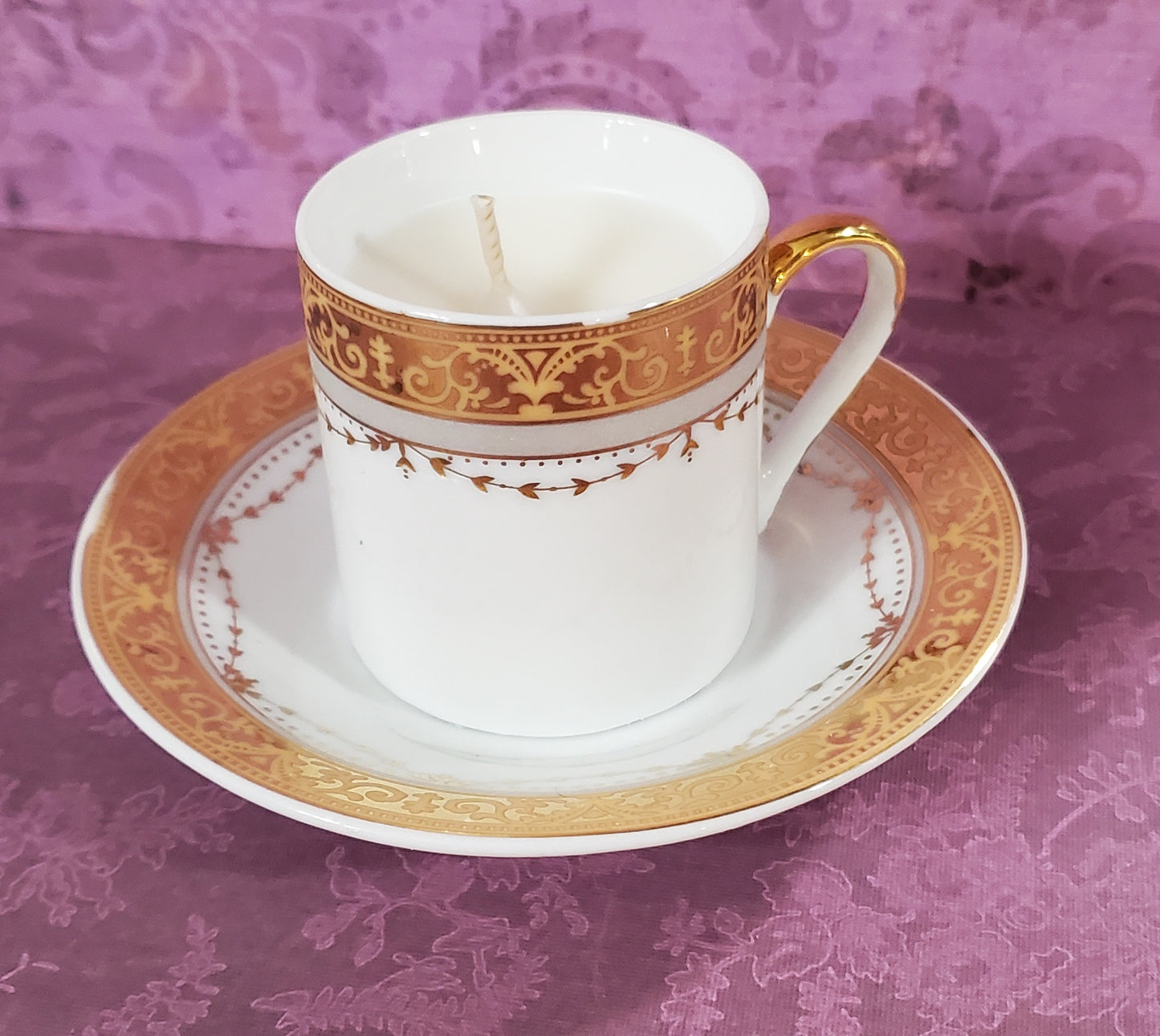 Gold Trim Vintage Cup & Saucer Set - Upcycled Candle