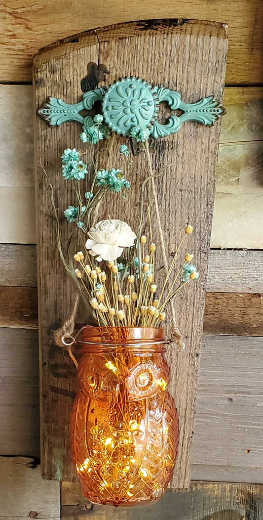 Rustic Farmhouse Whiskey Barrel Orange OWL Glass Flower Wall Sconce