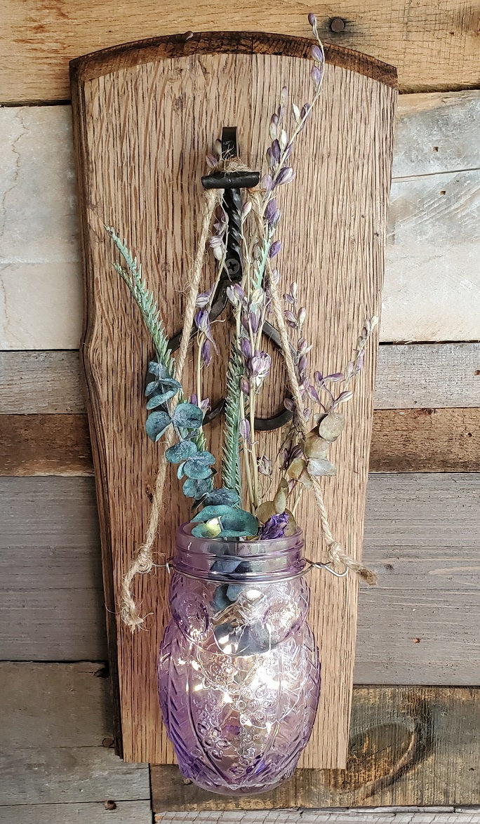 Rustic Farmhouse Whiskey Barrel Purple OWL Glass Flower Wall Sconce
