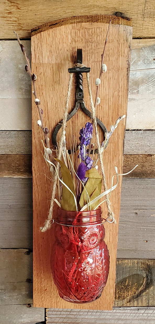Rustic Farmhouse Whiskey Barrel Red OWL Glass Flower Wall Sconce