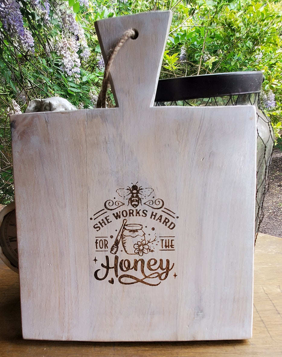 She Works Hard for the Honey Bee White Square Handle Wooden Serving Board